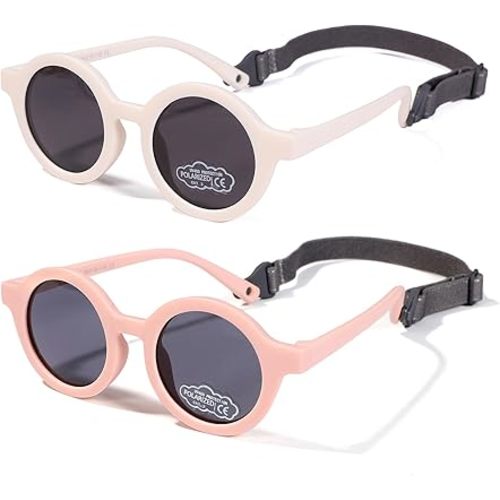 Baby Polarized Round Sunglasses Flexible Rubber with Strap for Toddler Newborn Infant Ages 0-24 Months
