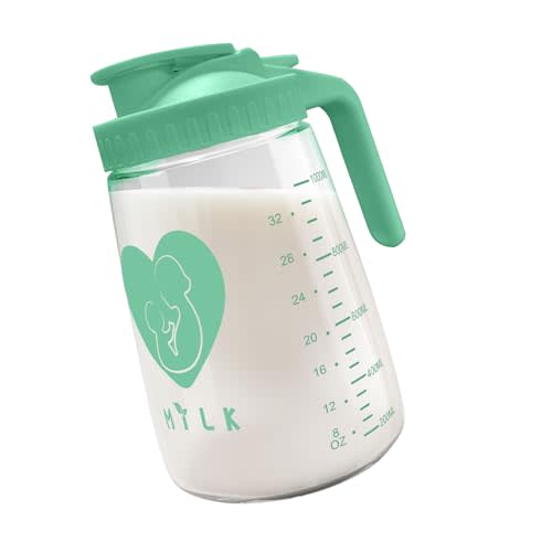 Breast Milk Pitcher, 32 oz Glass Mason Jar with Lid, Wide Mouth & Leakproof Easy Pouring Glass Pitcher for Breastmilk, Sun Tea, Juice, Cold Brew Coffee, and Other Beverages