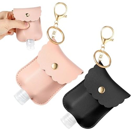 PEOVLVN 2Pcs Hand Sanitizer Holder Keychain, 60ml Portable Leather Sanitizer Travel Size Keychain Hand Sanitizer Case Refillable Container for Toiletry Lotion Liquid Soap Shampoo (Black, Pink)