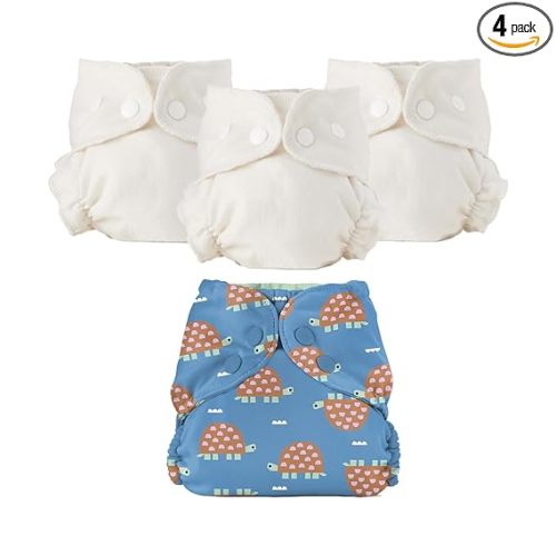 Esembly Cloth Diaper Bundle Set - 3 Organic Cotton Absorbent Inners and 1 Waterproof Outer Diaper Cover - Reusable, Washable, Snap Closure Cloth Diapers - Size 1 (7-17lbs), Turtles