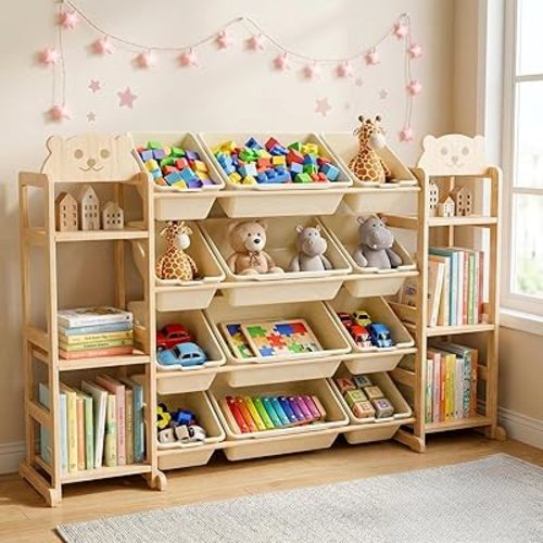 Large Toy Storage Organizer with 12 Bins and 6 Shelves, 52.3" Wide Toy Organizer and Storage for Kids Room, Playroom Storage Bookshelf, Kids Bookshelf & Toy Box for Bedroom, Playroom Organization (1)
