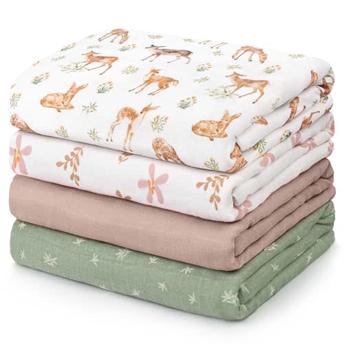 GLLQUEN BABY Muslin Swaddle Blankets 4Pk Receiving Blanket Large 35" x 40" | Soft Cotton Baby Blankets for Girls Boys Breathable Nursery Swaddles for Newborns, Baby Essentials Shower Gift, Deer