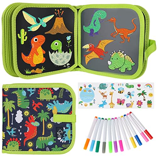 Qrytoi Erasable Doodle Set for Kids - Reusable Magic Drawing Book with 12 Watercolor Pens 14 Page Drawing, Road Trip Car Game Writing Painting Set for Boys and Girls (Green)