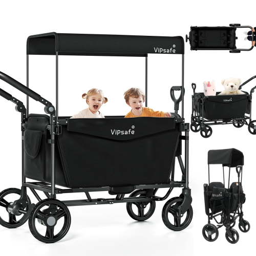 Vipsafe Foldable Wagon Stroller for 2 Kids, 3-in-1 Toddler Wagon with 5-Point Harness, Foot Brake, Detachable Canopy, Pull & Push Handle, Outdoor & Travel, Black