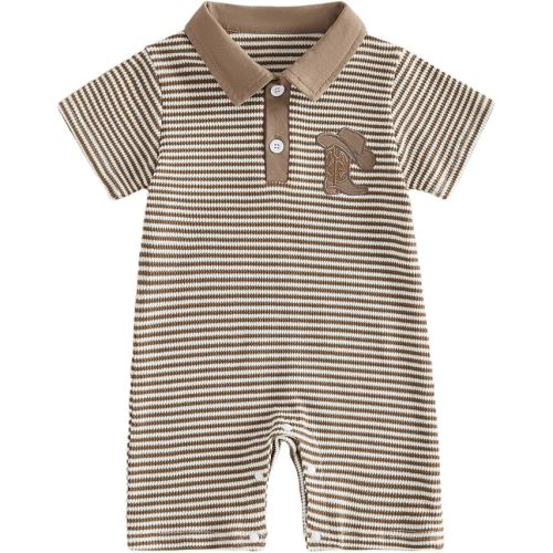 Newborn Outfits Baby Boy Clothes Summer Short Sleeve Waffle Knit Collared Sailboat Embroidery Romper Jumpsuit