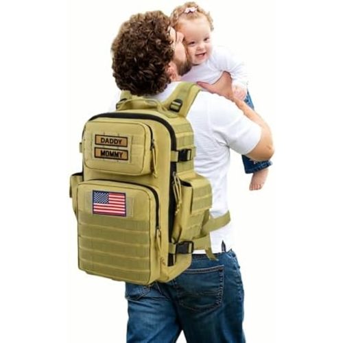 SHARKMOUTH Military Diaper Bag for Dad - Insulated Baby Diaper Backpack with Patches for Hiking Travel Camping - Baby Shower Gifts Tan
