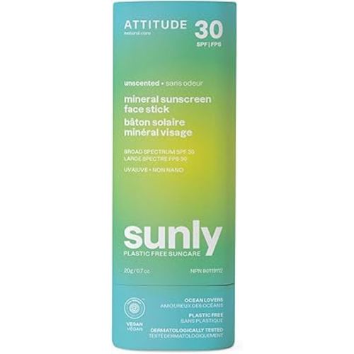 ATTITUDE Mineral Face Sunscreen Stick with Zinc Oxide, SPF 30, EWG Verified, Plastic-Free, Broad Spectrum UVA/UVB Protection, Dermatologically Tested, Vegan, Unscented, 0.7 Ounce