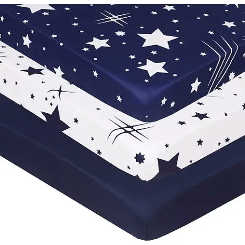 Belsden Pack of 3 Mini Crib Sheet Set, Pack N Play Sheet Set for Baby Boys and Girls, Cloudy Soft Touch and Machine Washable, Fitted Playard/Portable Crib Sheet, White Star & Navy & Navy Star