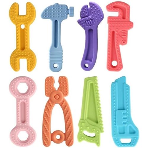 8 Pack Chew Baby Teething Toys for 0-12 Months, Freezable BPA Free Silicone Baby Molar Teether Chew Toys, Hammer Wrench Spanner Pliers Hand Saw Shape Baby Girl's Boy Car Seat Toy