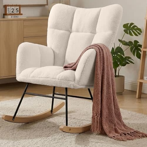 Wryxplor Nursery Rocking Chair, Teddy Upholstered Glider Chair with Thick Cushion, Tufted Gliding Rocker Chair with Wood Leg, Cozy Rocking Armchair, Accent Rocking Chair for Living Room (Ivory)