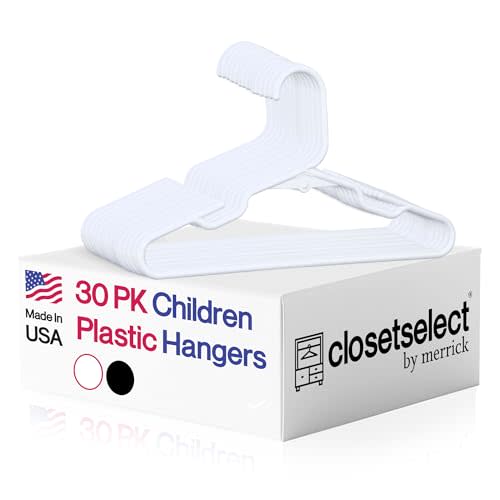 Childrens Hangers 30 Pack - 11.75 Inch Plastic Kids Hangers for Closet, Baby Hangers for Children Clothes Sizes 0 to 8, Non-Slip Infant Hangers with Shoulder Grooves, Made in USA | White