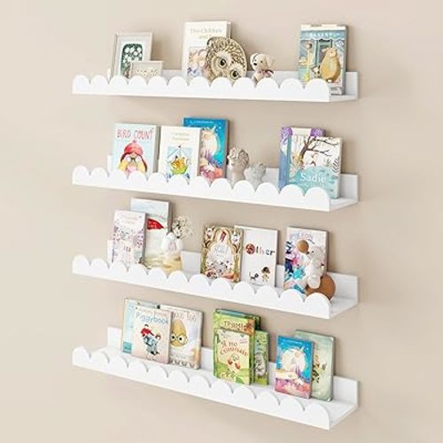 Fun Memories 24 Inch White Nursery Book Shelf, Scalloped Picture Ledge for Wall, Set of 4, Floating Shelves for Toddler Room, Kids Rooms, Bedroom