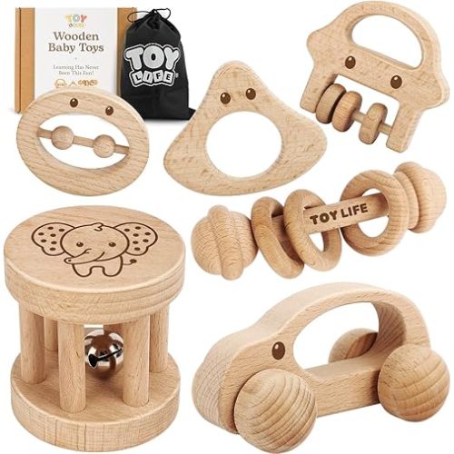 TOY Life Wooden Toys Cars, Montessori Baby Toys 6-12 Months, Wooden Baby Toys Rattle Cars for Toddlers 1-3, Baby Boy Nursery Decor, Montessori Toys for 1 Year Old Boy (6 PCS Rattle Set)