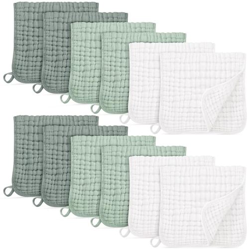 Muslin Burp Cloths for Baby 100% Cotton Burping Cloths for Boys Girls Large 20''X10'' Extra Soft and Absorbent 12 Pack - White and Green
