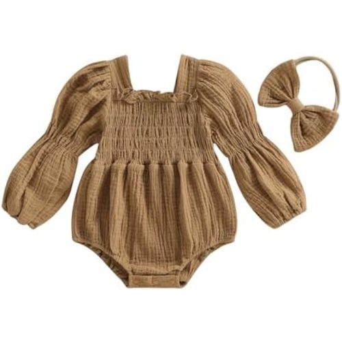 Newborn Baby Girl Fall Outfits Solid Linen Bubble Romper Cute Clothes