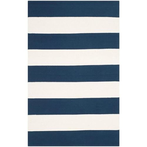 SAFAVIEH Montauk Collection Area Rug - 6' Square, Navy & Ivory, Handmade Flatweave Cotton, Woven Texture, Farmhouse Stripe Pattern, Ideal for Living Room, Bedroom, Dining Space (MTK712H)