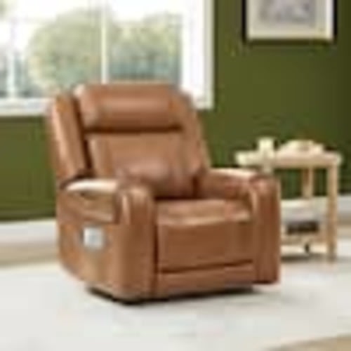 Spruce & Spring Rhea Dual Motors Saddle Genuine Leather Wall Hugger Power Recliner with Cup Holders, Side Pockets, USB&Type-C Ports SSME7A5023-NP20104