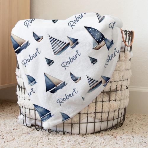 Custom Sail boats nautical Baby Blanket - Personalized Name Blanket for Boys - blue Shower Gift