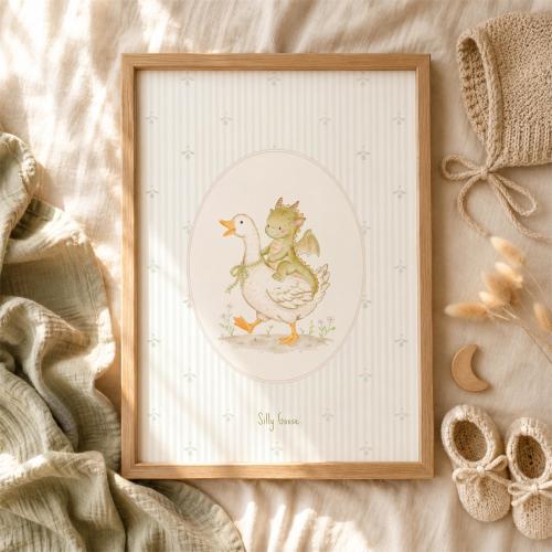 Silly Goose Dragon Print, Trendy Wall Art, Nursery Art, Cottage Core Decor (unframed)