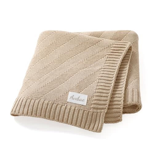 Avibae Knitted Baby Throw Blanket, Solid Color Swaddling Receiving Blanket (Khaki)