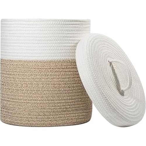 Yimi's Dream Lidded Storage Basket, Medium Cotton Rope Basket with Lid, Small Round Storage Basket for Nursery, Living Room, Kids, Blanket, Toys (12''D * 13.5''H, Brown & White)