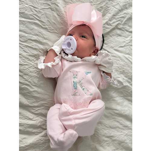Pink Smocked Bows Romper Coming home, Luxury footie embroidery details, hospital outfit photograph, shower gift,Pink, 100% Pima