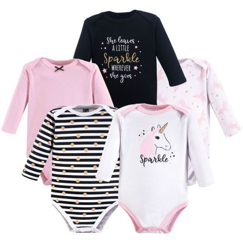 Hudson Baby Infant Girl Cotton Long-Sleeve Bodysuits 5pk, Sparkle Unicorn