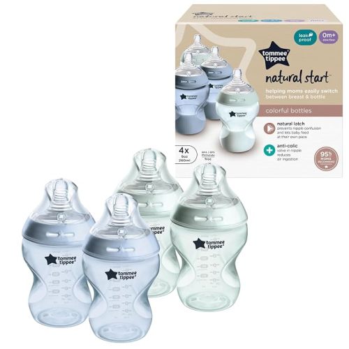 Tommee Tippee Natural Start Anti-Colic BPA Free Baby Bottles, 9oz, Slow-Flow Breast-Like Nipple for a Natural Latch, Designed for Seamless Transitions Between Bottle and Breast, Fiesta, Pack of 4