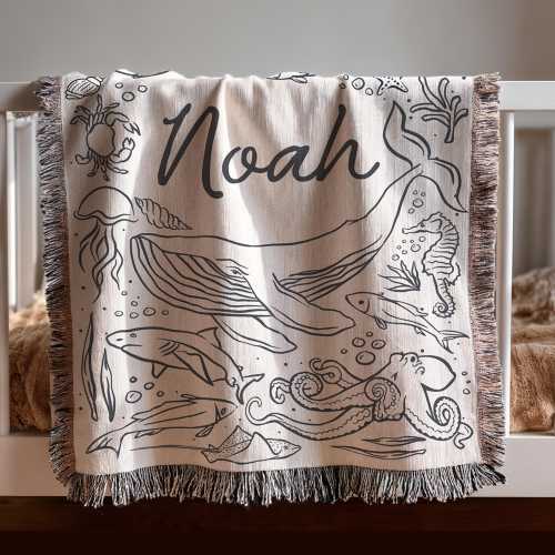 Custom Ocean Baby Blanket With Sea Animal Nursery Decor Nautical Throw with Baby Name Keepsake Gift Baby Shower Under The Sea Crib Blanket