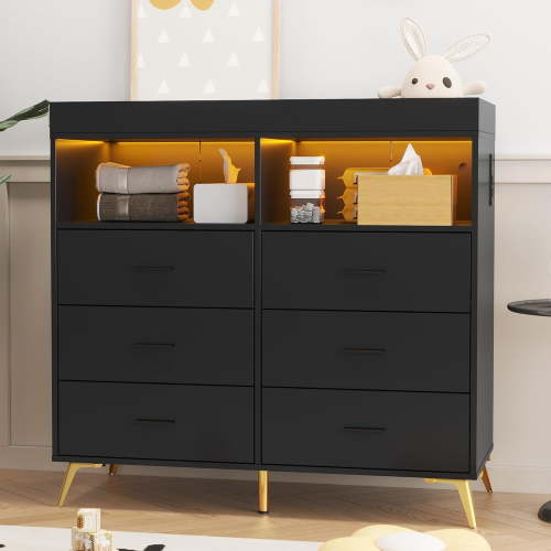 6 Drawer Dresser with LED Lights and Built-in Power Outlet, Wide Chest of Drawers with 2 Open Storage Shelves and Mental Drawer Handles, Dresser for Bedroom