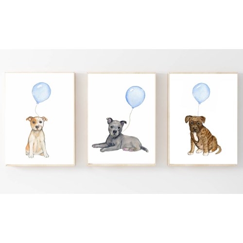 Pit bull puppy watercolor, nursery art, dog nursery decor, set of three prints,