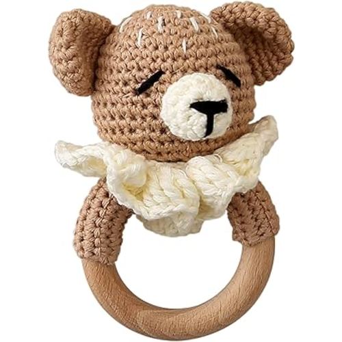 Wooden Baby Rattle，Crochet Bear Rattle with Wood Ring, Newborn Wooden Animal Rattle Toy，Infant Bear Wood Rattle Toys