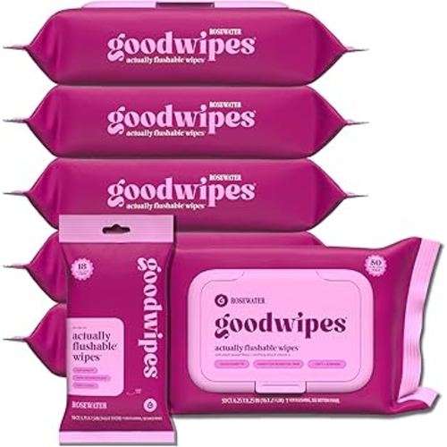 goodwipes Flushable Butt Wipes - Vitamin E & Aloe - Sewer & Septic Safe - Extra Large Adult Wet Wipes For Women & Men - Bathroom Essentials - Rosewater, 318 Count (6 Packs + 1 Travel)