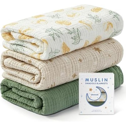 Unnivoll Muslin Swaddle Blankets for Newborns, 100% Cotton Receiving Blankets, Large 38 x 40 inches Baby Swaddle Blanket for Baby Boys and Girls, Soft Breathable Infant Baby Essentials 3 Pack Green