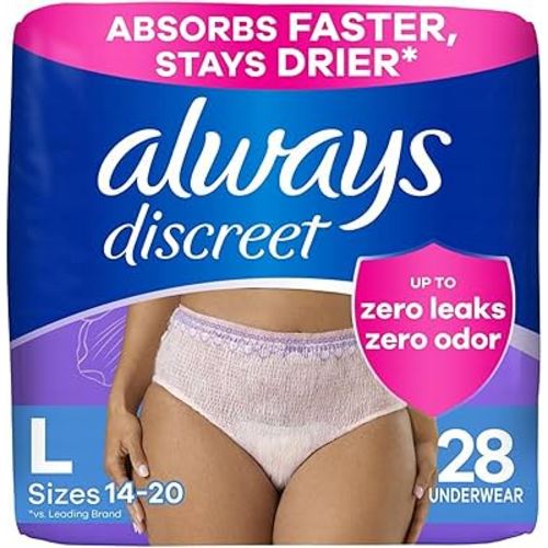 Always Discreet Adult Incontinence Underwear for Women and Postpartum Underwear, Large, Up to 100% Bladder Leak Protection, 28 Count