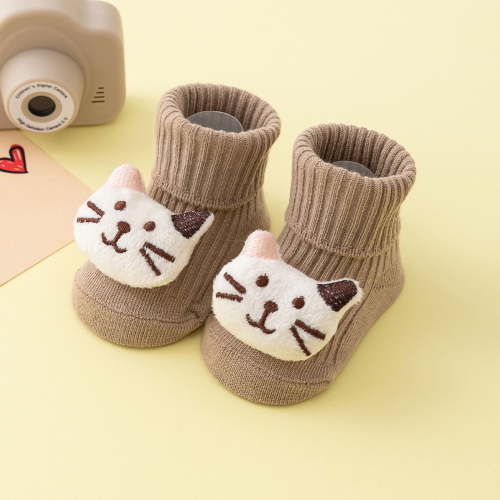 Avrnliq Soft Cotton Kids Socks for Girls - Khaki 3D Cat Face, Non-Slip Ankle, Skin-Friendly for 0-3 Years Kidss Kidss (1 Pair),Size M