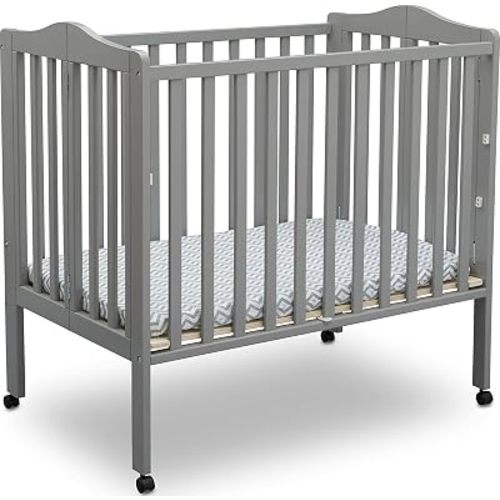 Delta Children Folding Portable Mini Baby Crib with 1.5-inch Mattress - Greenguard Gold Certified, Grey