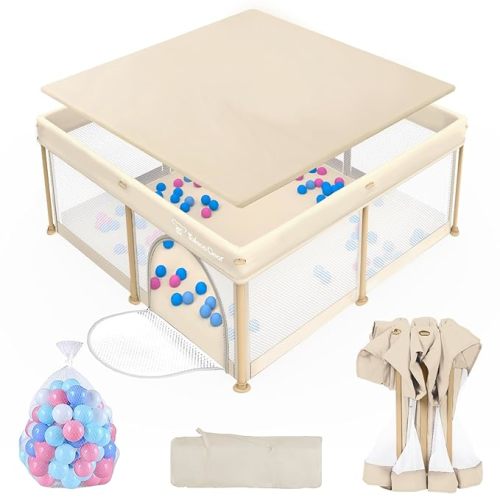 Foldable Baby Playpen for Babies and Toddlers, 50x50 Inch Portable Play Yard, Collapsible Play Pen with Mat, Visible Mesh, 50 Ocean Balls, Indoor/Outdoor Baby Fence Activity Center for Home
