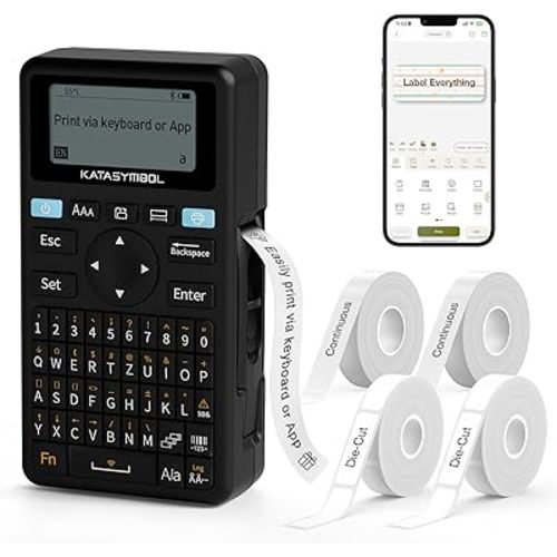 SUPVAN E11 Bluetooth Label Maker Machine with 4 Tapes, Support Keyboard & App with 30+ Fonts and 660+ Icons, Rechargeable Inkless Labeler for Home, Kitchen, Office, School, Organization, Black