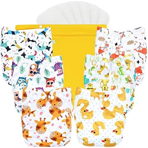 wegreeco Washable Reusable Baby Cloth Pocket Diapers 6 Pack + 6 Bamboo Inserts (with 1 Wet Bag, Bright Animals)
