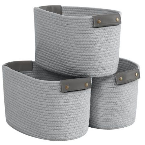 Ornavo Home 3 Pack Cotton Rope Shelf Storage Basket with Faux Leather Handles - Gray