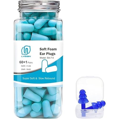LYSIAN Ultra Soft Foam Earplugs Sleep, Noise Cancelling Ear Plugs for Sleeping, Shooting,Travel and Work-38dB SNR 31dB NRR Sound Blocking-60 Pairs Pack (Lake Blue)