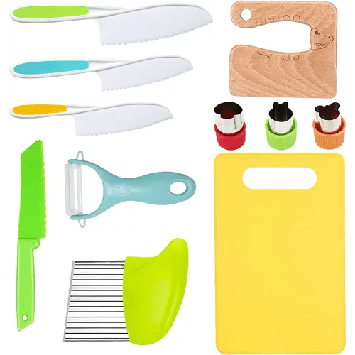 11 Pieces Wooden Kids Kitchen Knife, Kids Knife Set Include Wood Kids Knife, Serrated Edges Plastic Toddler Knife, Crinkle Cutter, Sandwich Cutter, Y Peeler, Cutting Board