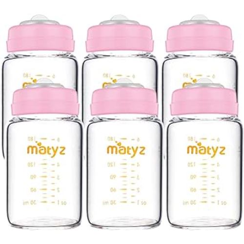 Matyz Glass Breastmilk Storage Containers, 6 Pack, 6 oz bottle, Compatible With Spectra Medela Philips Pump - Freezer Safe Storage Bottles Set - Leakproof Glass Baby Bottles - BPA Free (Pink Lids)