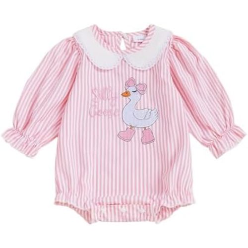 Newborn Baby Girl Fall Romper Silly Goose Onesie Smocked Long Sleeve Striped Bodysuit Farm Outfit