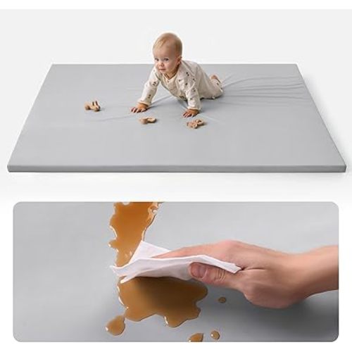 Blissful Diary Vegan Leather Baby Play Mat, 71x59 Thicken Foam Cushioned & Waterproof Playpen Mat for Infants and Toddlers, Stylish and Just Wipe-Clean Playmat for Baby Play on Floor, Light Gray