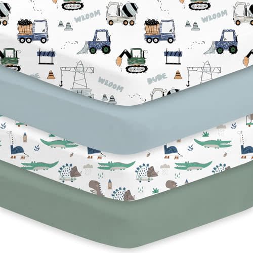 Little Grape Land Crib Sheets 4 Pack for Boys and Girls, Baby Neutral Crib Fitted Sheets for Standard Crib & Toddler Mattress, Super Soft Breathable Fitted Crib Sheet Set (Truck & Alligator)