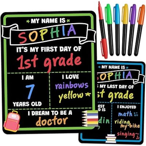 First Day of School Sign Board with Liquid Chalk Markers - 14”x11” Double-Sided & Reusable - My First and Last Day - Back to School Supplies Board for Kindergarten, Preschool