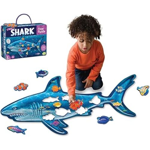 Peaceable Kingdom Shiny Shark Floor Puzzle – 53-Piece Giant Floor Puzzle for Kids Ages 5 & up – Fun-Shaped Puzzle Pieces – Great for Classrooms