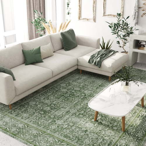 ZENELESS Washable Area Rug,5x7 Ultra-Thin Non-Slip Soft Carpet for Living Room Bedroom Bathroom Home Office,Green